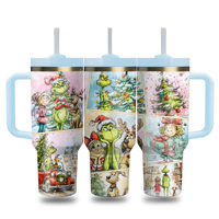 Carafe isotherme à double paroi de 40 oz avec logo personnalisé, motif dessin animé monstre vert et fleurs, avec poignée, couvercle et paille, faible MOQ