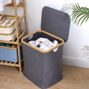 Bamboo <b>Laundry</b> Basket Rectangle Foldable Oxford Fabric Clothing Organizer Storage Basket Large Capacity Bathroom Use - Product Image 4