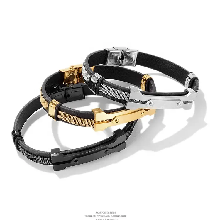 Luxury Custom Logo Gift Stainless Steel Cuff Wrap Adjustable Leather Bracelet Men Leather Bracelet