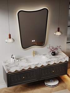 Handmade original design French retro <b>oak</b> rock panel seamless ceramic basin intelligent mirror cabinet bathroom cabinet - Product Image 1