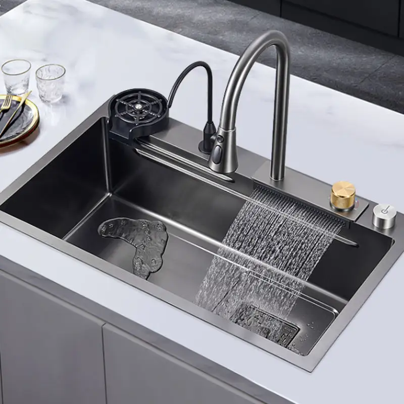 Brand New Black Sink Scratch Resistant Vegetable Kitchen Sink Over Mount Waterfall Faucet with Glass Washer