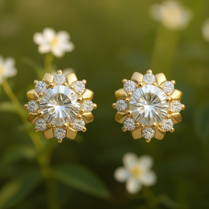 Orecchini a Perno E1412 con Diamanti, Placcati in Oro, Design a Fiore, Taglio Brillante Rotondo, Gioielli Classici da Sposa per Donne - Product Image 2