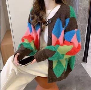 GX89025 nueva ropa <span class=keywords><strong>de</strong></span> calle Otoño Invierno chaqueta <span class=keywords><strong>de</strong></span> <span class=keywords><strong>mujer</strong></span> <span class=keywords><strong>de</strong></span> gran tamaño abrigo rombo Color bloqueo manga larga único elegante suéter <span class=keywords><strong>de</strong></span> punto - Product Image 3