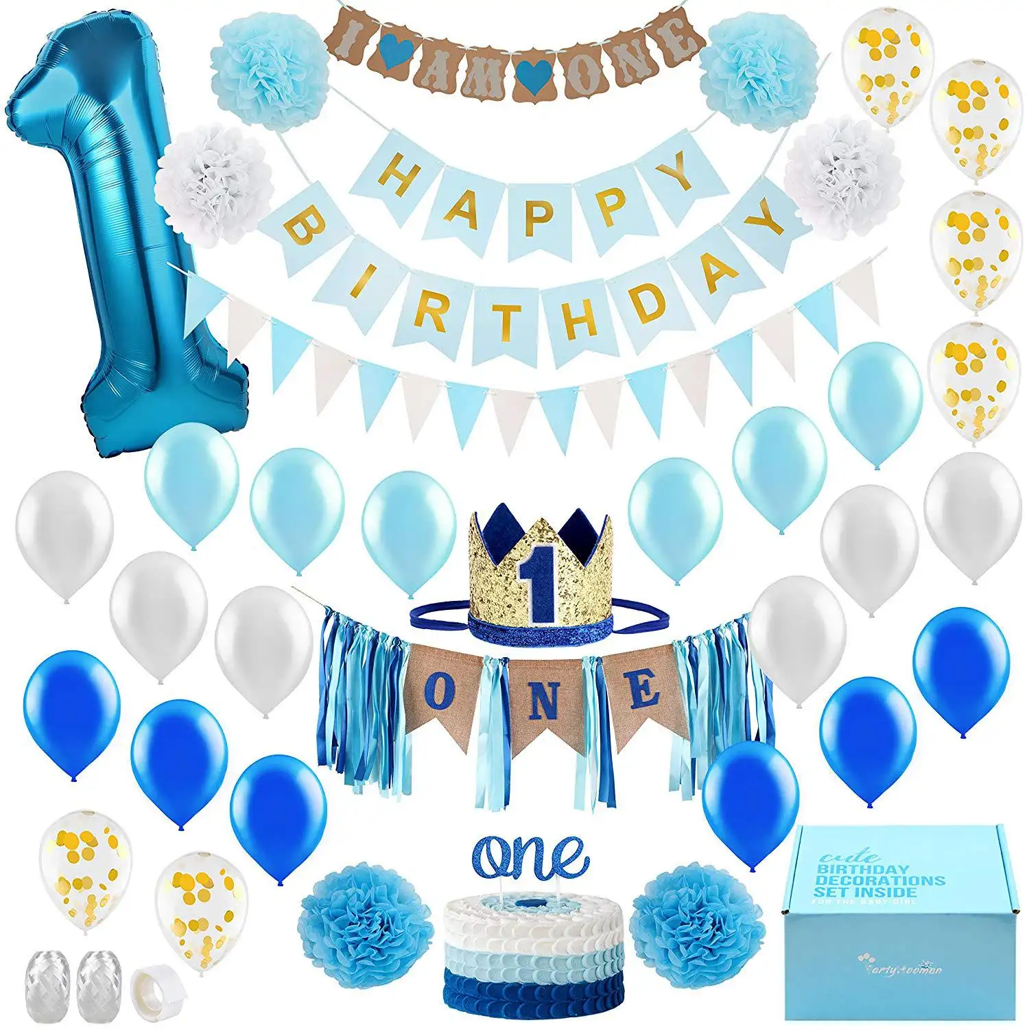 Custom Blue Children Happy Birthday Foil Blue Globos Set 1er cumpleaños fiesta decoración para un año de bebé niño
