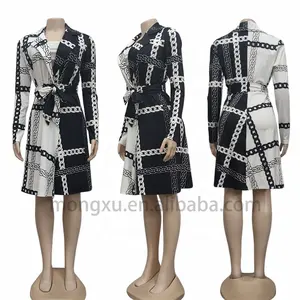 2023 Neuankömmling Frauen Designer Print Bluse Kleid Kontrast farbe Langarm Button Up Kleid mit Gürtel