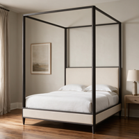 Lit à baldaquin moderne et minimaliste en bois massif avec tête de lit capitonnée crème, lit plateforme à profil bas pour chambre à coucher