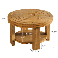Table basse ronde à 2 niveaux en bois massif avec rangement, brun naturel à anneaux, style ferme, table d'appoint centrale pour salon