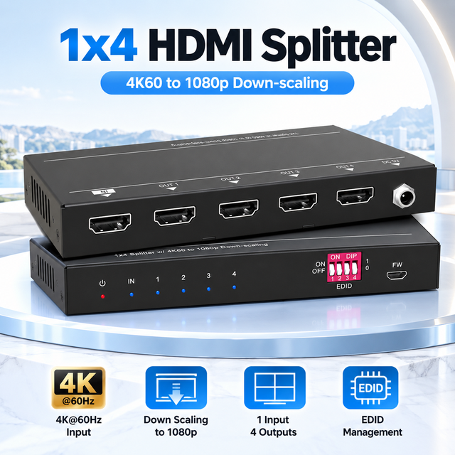 2.0 1*4 Video Distribution Splitter 4K60Hz HDCP2.3 Scaler Function CEC Pass Through for Hotel Lobby & Video Wall System