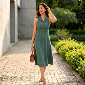 Green Sleeveless Polo Neck Midi <b>Dress</b> A-Line Woven Linen Cotton Casual Summer Breathable Solid Color Flared Hem - Product Image 1
