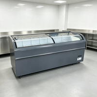 Congélateur îlot de style européen gris de 1,8 m, vitrine congélateur à coulissants vitrés incurvés pour supermarché, idéal pour la crème glacée et les aliments surgelés