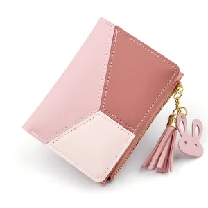 PU Women Short Purse Tassel Stitching Contrasting Ladies Wallet Fringe Zipper Multi card Short Wallets For Women