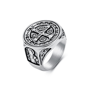 St. Benedict Cross Ring Men's <b>Titanium</b> Steel Protective Jewelry Everyday Wear - Product Image 1