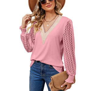 Wholesale of New V-neck Lace Elegant <strong>Blouse</strong> Plus Size Long Sleeved T-shirt Tops for Women - Product Image 3