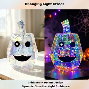 Cadeau d'Halloween, citrouille irisée Jack-o'-lantern, décoration LED, holographique prismatique, alimentée par USB, 50 LED, 8 modes dynamiques, décoration - Product Image 4