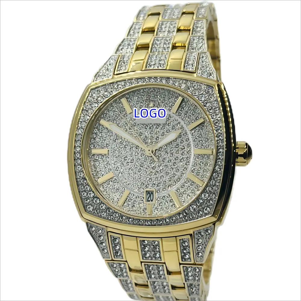 Wholesale Men's Rectangle Pave Crystal Cushion-Shaped Case Watch Iced Out Stainless Steel Men Watch 98B323