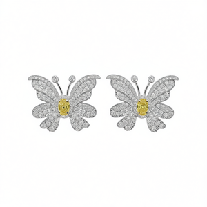 Orecchini E3609 in Oro Bianco con Farfalla e Diamanti, Diamanti Naturali Gialli Ovali di Taglio Fantasia, Eleganti per Uso Quotidiano Femminile - Product Image 1