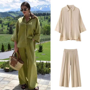 <span class=keywords><strong>Camicia</strong></span> di <span class=keywords><strong>lino</strong></span> a maniche larghe da <span class=keywords><strong>donna</strong></span> stile europeo americano pantaloni lisci elastici commercio estero transfrontaliero - Product Image 1