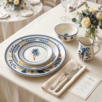 Service d'assiettes en céramique motif perroquet tropical et ananas, bleu et jaune, peintes à la main, en porcelaine, pour mariage, hôtel, restaurant