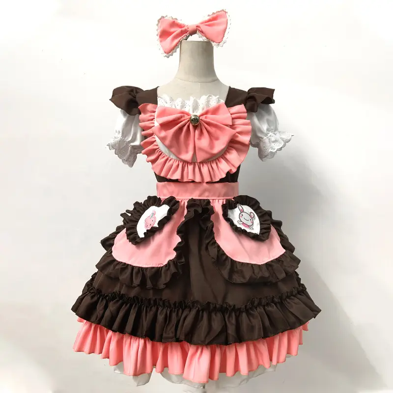 Japanische Kawaii Kaffee-Kelnerin Damen Sweet Lolita Anime Häschen Mädchen Dienstmädchen Kosmetikkostüme rosa Schleife Party Prinzessinnenkleid MM-008