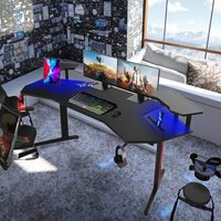 Grand bureau de jeu RGB en fibre de carbone, en forme d'aile, avec éclairage LED, support de câbles métalliques, grand bureau d'ordinateur d'angle