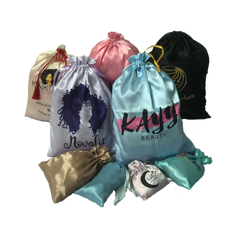 Custom Logo Hair Bundles Wig Packaging Satin Drawstring Silk Pouch Gift Bag Soft Satin Bag