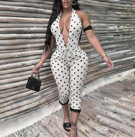 Combinaison sexy d'été pour femme, col en V profond, dos nu, style bandage, imprimé pois, avec dentelle ajourée