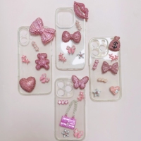 Lot de 43 pièces mixtes de décorations en strass blanc et rose, motifs Dollar, Lèvres, Ours, Cœur, Papillon, Chaîne, Sac, Étoile, Nœud, pour coques de téléphone