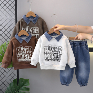 Set di Abbigliamento Casual per Bambini - Vendita all'Ingrosso di Fabbrica Felpa con Cappuccio a Maniche Lunghe Colletto in Denim Jeans in Cotone con Motivo Stampato - Product Image 1