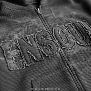 ES 사용자 정의 빈티지 특대 고민 씻어 자수 패치 와플 원단 100% 면 코모 인쇄 지퍼 후드 남성 가을 - Product Image 2