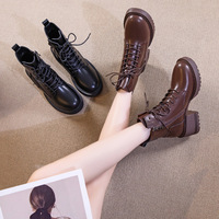 Bottines en cuir pour femmes de style vintage, fermeture éclair latérale, bout rond, talon bloc, semelle à crampons, bottines à la cheville pour femmes, tenues de rue quotidiennes