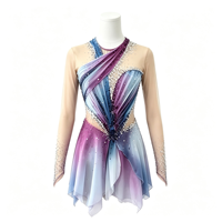 Robe de patinage artistique asymétrique bleu violet ombré, manches longues en maille avec strass faits à la main, costume pour femmes et filles, compétition, spectacle sur glace
