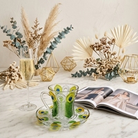Ensemble tasse et soucoupe en verre à motif plume de paon, tasse à thé en cristal de luxe, couleur dégradée, pour décoration de la maison, cadeau de mariage, vente en gros