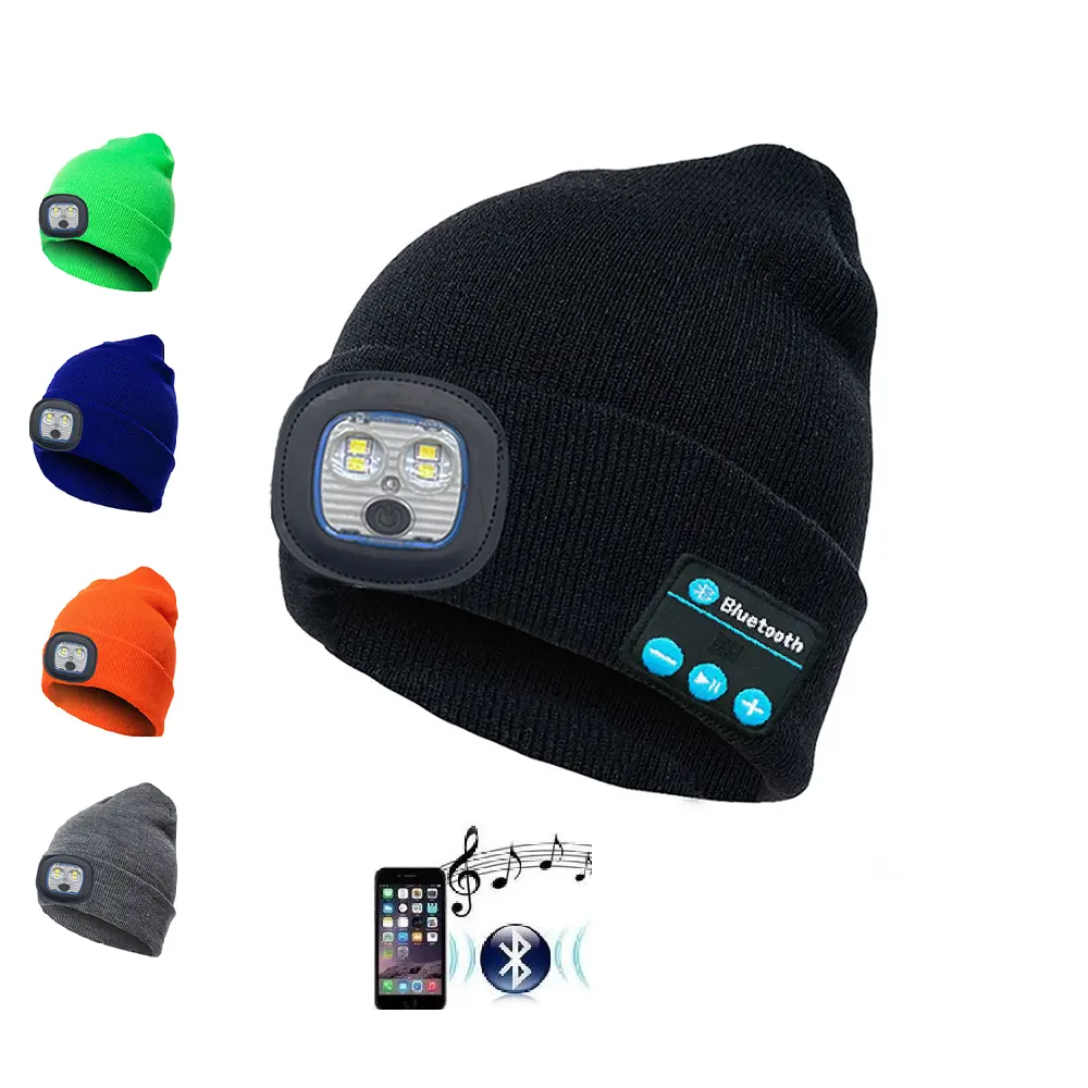Gorrito con Bluetooth y faro LED, sombrero de música inalámbrico con altavoces estéreo, 24 horas de reproducción de música, Unisex para correr al aire libre