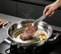 FLEY Poêle antiadhésive haut de gamme à triple couche et Wok en acier inoxydable martelé avec couvercle en verre et poignées en acier inoxydable – Ensemble d'ustensiles de cuisine