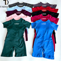 Combinaison de yoga personnalisée sans couture en Spandex/Nylon, dos nu, bretelles spaghetti, manches courtes, effet push-up, une pièce