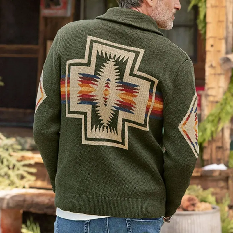 winter southwestern army green aztec pattern jacquard button down mens knitwear sweater cardigan with pockets