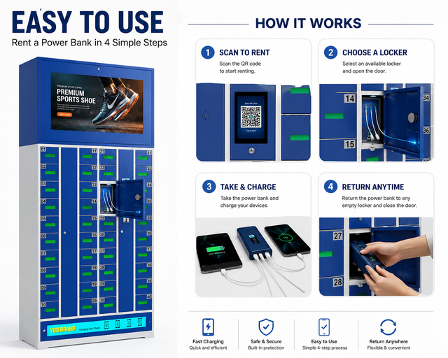 2026 Smart Power Bank Rental Station with Advertising Screen, QR Code Phone Charging Locker for Shopping Mall & Airport