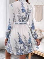 Robe courte bohème à col en V pour femme, manches longues, imprimé floral, coupe trapèze, taille lacée, printemps-été, décontractée