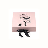 Boîte cadeau magnétique pliable rose, motif artistique de dame avec fleurs, ruban en satin noir, emballage rigide