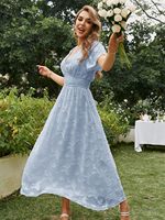 Robe longue florale bleu ciel pour femme, col en V, manches à volants, style bohème, robe de plage, fabrication sur mesure, vente en gros
