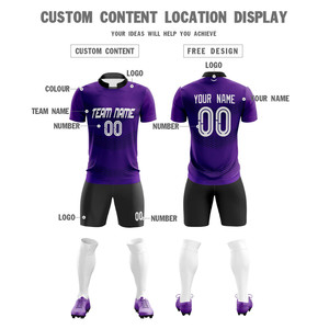 Kits de football personnalisés en gros, imprimés, 100% polyester, col en V, séchage rapide, violet et noir, avec noms et numéros d'équipe - Product Image 4