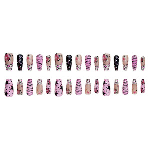 30 faux ongles carrés moyens à presser, style Y2K, avec perles, étoiles, rayures zébrées et fleurs, en acrylique brillant - Product Image 4