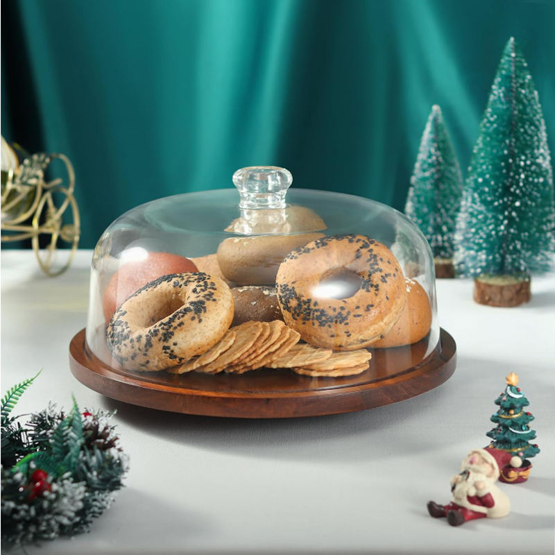Rotating Cake Stand With Lid, Wood Cake Stand with Acrylic Dome