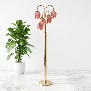 Lámpara de pie de 5 luces con forma de tulipán rosa, pétalos de cristal real y base dorada pulida - Product Image 2