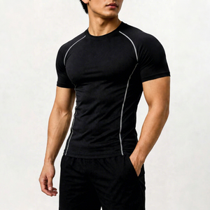 Camiseta de Compresión de Manga Corta para Hombre, Color Oscuro, Secado Rápido, Corte Ajustado, Cuello Redondo, Diseño Sólido, Deportiva, para Gimnasio - Product Image 1