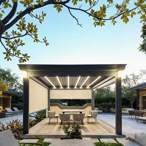 Pergola motorisée en aluminium moderne de luxe, pavillon extérieur décoratif avec <span class=keywords><strong>toit</strong></span> à lames rétractables pour jardin de villa - Product Image 1