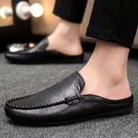 Mules en cuir sans talon pour hommes, à enfiler, semelle souple, demi-chaussures de conduite, cousues à la main, décontractées, pour le quotidien et les affaires
