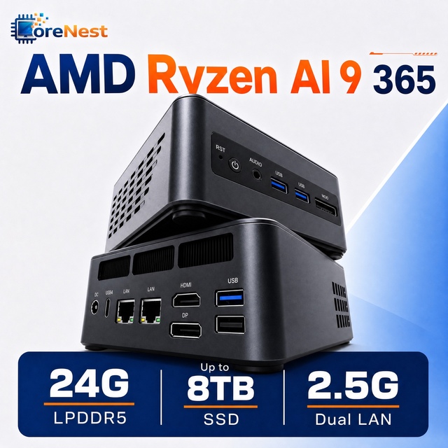 CoreNest Mini PC AMD Ryzen AI 9 365 Zen 5 10 Core 24GB LPDDR5 6400MT/s Radeon 880M Dual M.2 PCIe 4.0 8TB AI Mini Workstation