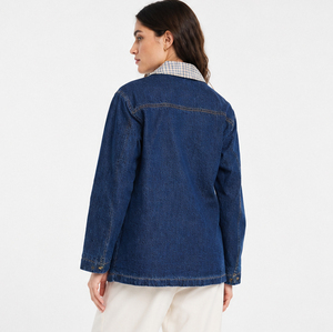 Women's Retro <b>Denim</b> Worker Jacket Plaid Lined Collar Metal Clasp Barn Jacket <b>Coat</b> - Product Image 3