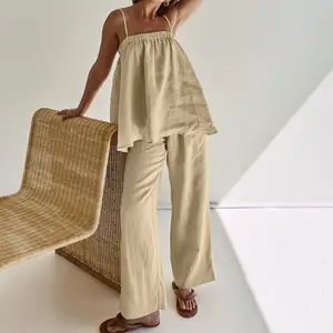 Enyami S-xl Custom Logo Chic Summer Beach Resort Khaki Woven Fabric Co Ords Sleeveless Camis Top Straight Pants 2 Pieces Set